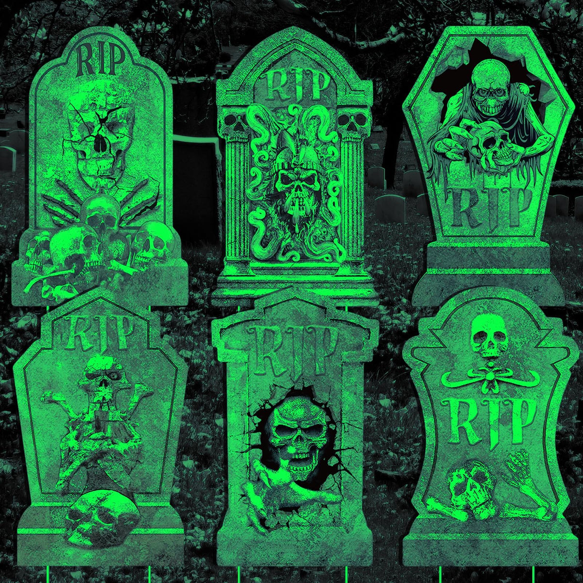 Halloween Decorations Tombstones Yard Sign,6Pcs Luminous Rip Halloween Gravestones With 13.7'' Stake Large Graveyard Glow In The Dark Headstone Signs For Outdoor Yard Lawn Garden Cemetery Scary Decor