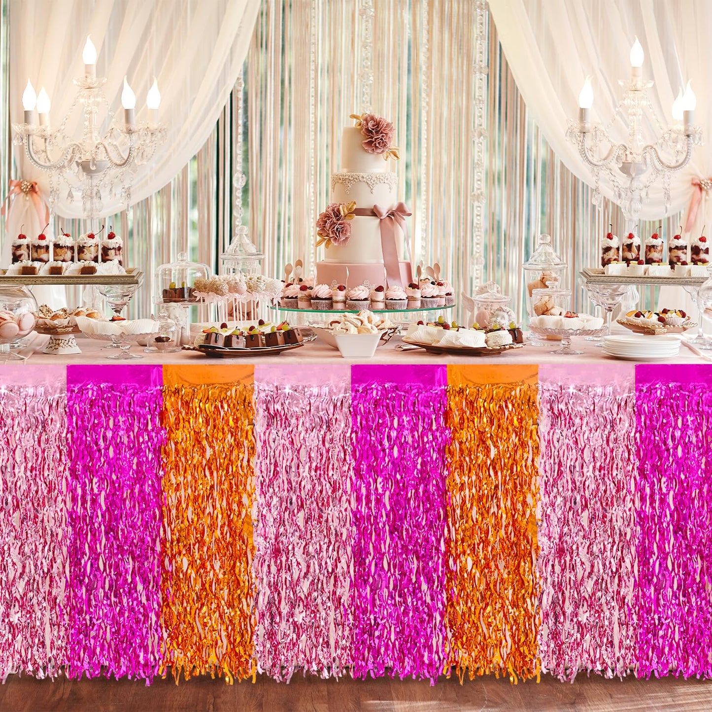 JarThenaAMCS Metallic Tinsel Foil Fringe Table Skirts Light Pink Hot Pink Orange Wavy Disposable Table Skirt 2Pcs Sparkly Party Decor for Parade Floats Wedding Birthday Bride Shower, 29 x 108 Inch