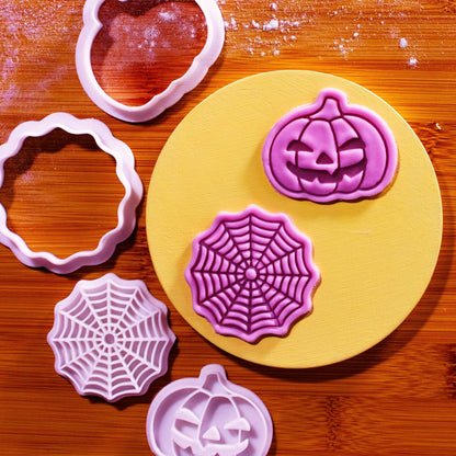 BAKERLOGY Trick-or-Treat Mini Cookie Cutter & Stamp Set (Jack-o’-Lantern Pumpkin & Spiderweb Designs) – Cute Halloween Fondant Embossing Stamp Cutters for Spooky Baking, Cupcake Toppers & Party Treats