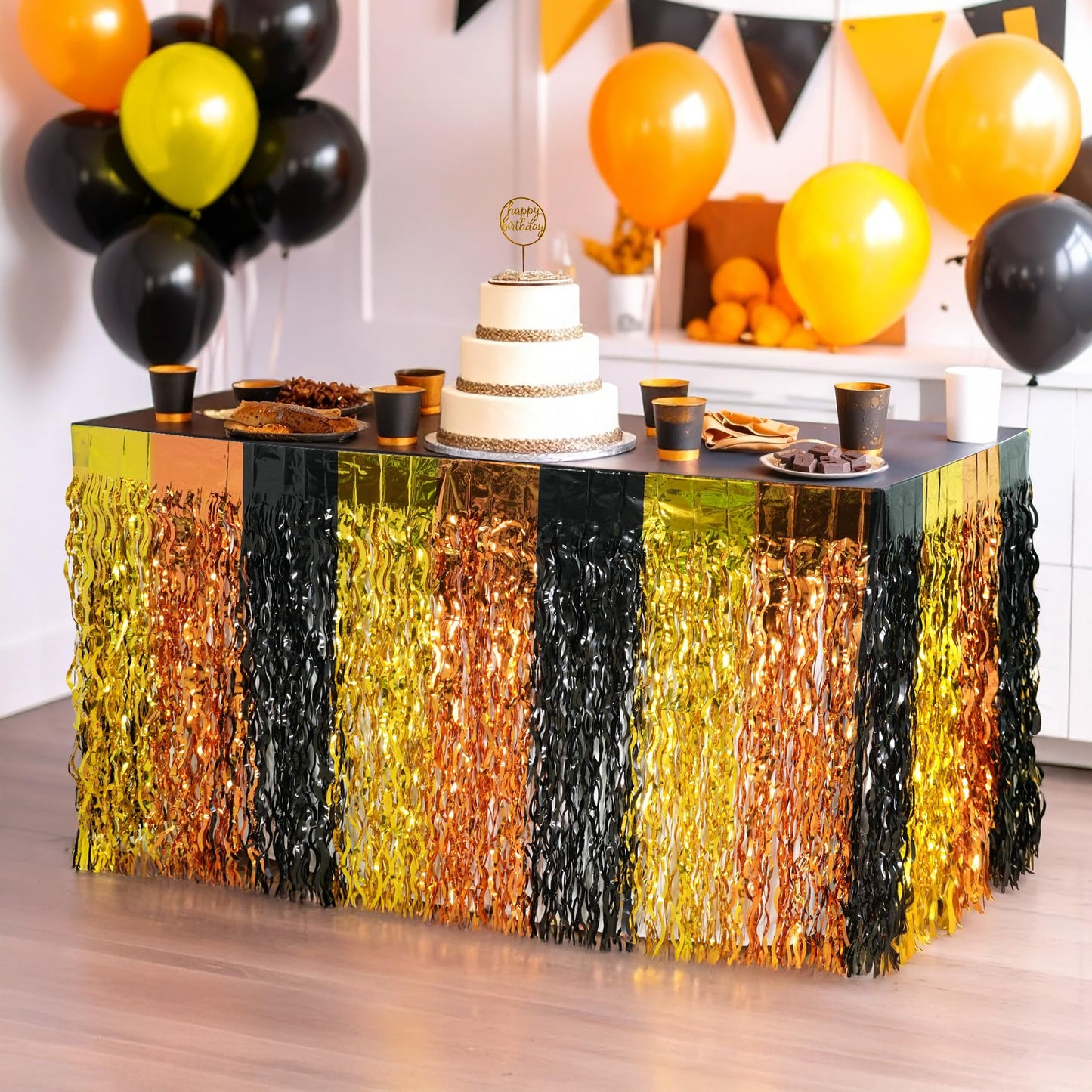 KatchOn, Black and Gold Table Fringe – Pack of 2 | Black, Gold, Orange Party Decorations | Tinsel Table Skirt Streamers for Graduation Decorations 2026 | Construction Party Decorations