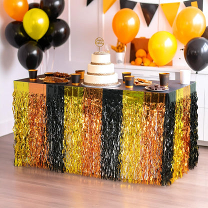 KatchOn, Black and Gold Table Fringe – Pack of 2 | Black, Gold, Orange Party Decorations | Tinsel Table Skirt Streamers for Graduation Decorations 2026 | Construction Party Decorations