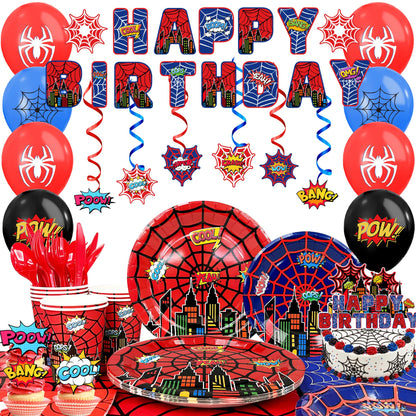 103pcs Spider Web Birthday Party Decorations Supplies, 10 Guests Spider Web Party Tableware Including Spider Balloons Cake Topper Banner Plates Spiral Pendant Cupcake Toppers etc Spider Party Supplies