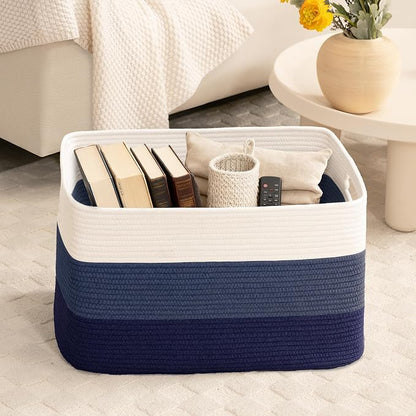 86L Extra Large Laundry Basket with Leather Handles for Living Room Storage, Woven Rope Baskets for Blanket, Kids Toy, Gifts, Wicker Hamper for Bedroom Dirty Clothes, 24"x16"x14" Gradient Blue
