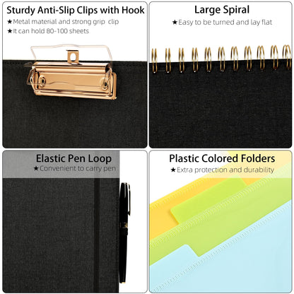 Ospelelf Black Foldable Spiral Clipboard Folio with Storage Zipper Pouch, 5 Plastic Folders with 10 Pockets,Refillable Lined Notepad (11" x 8.5"), Hardcover Project Organizer with 39 Stickers