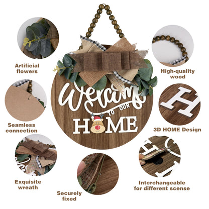 CondorPasea Interchangeable Welcome Door Sign with 16 Different Replaceable Patterns - 12" Round 3D Rustic Wooden Front Porch Decor, Artificial Leaves & Rustic Beads, Farmhouse/Classroom All Seasons Holiday (Christmas Halloween) Welcome Home Hanging Sign