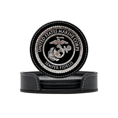 USMC Leather Coaster Set - 4 Premium Coasters with Hot Stamped Foil US Marines EGA Logo - Marine Corps Gift | USMC Leather Coasters
