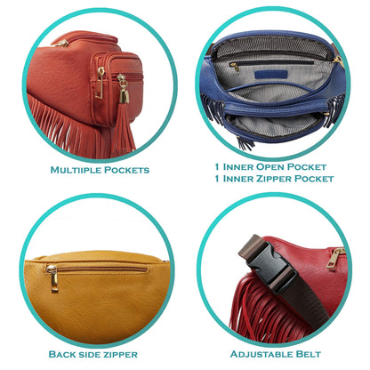 Solene Fringe Waist bag for women with Multi Zipper Pockets - (KL088, Coffee)