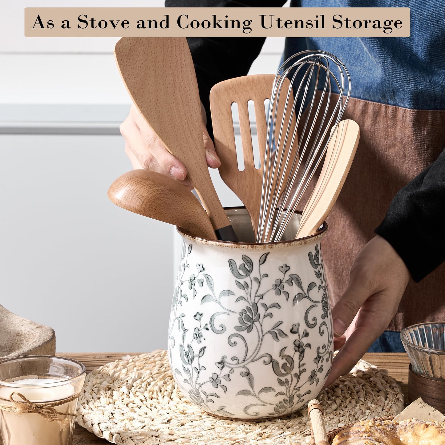 Utensil Holder for Kitchen Counter, Modern Farmhouse Cooking Utensil Holder and Crock Home Kitchen Decor, Ceramic Utensil Organizer for Spatula, Ladle, Eggbeater, Rolling Pin- Gray Flower Patterns