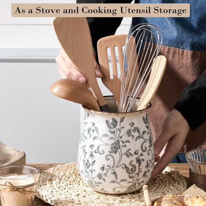 Utensil Holder for Kitchen Counter, Modern Farmhouse Cooking Utensil Holder and Crock Home Kitchen Decor, Ceramic Utensil Organizer for Spatula, Ladle, Eggbeater, Rolling Pin- Gray Flower Patterns