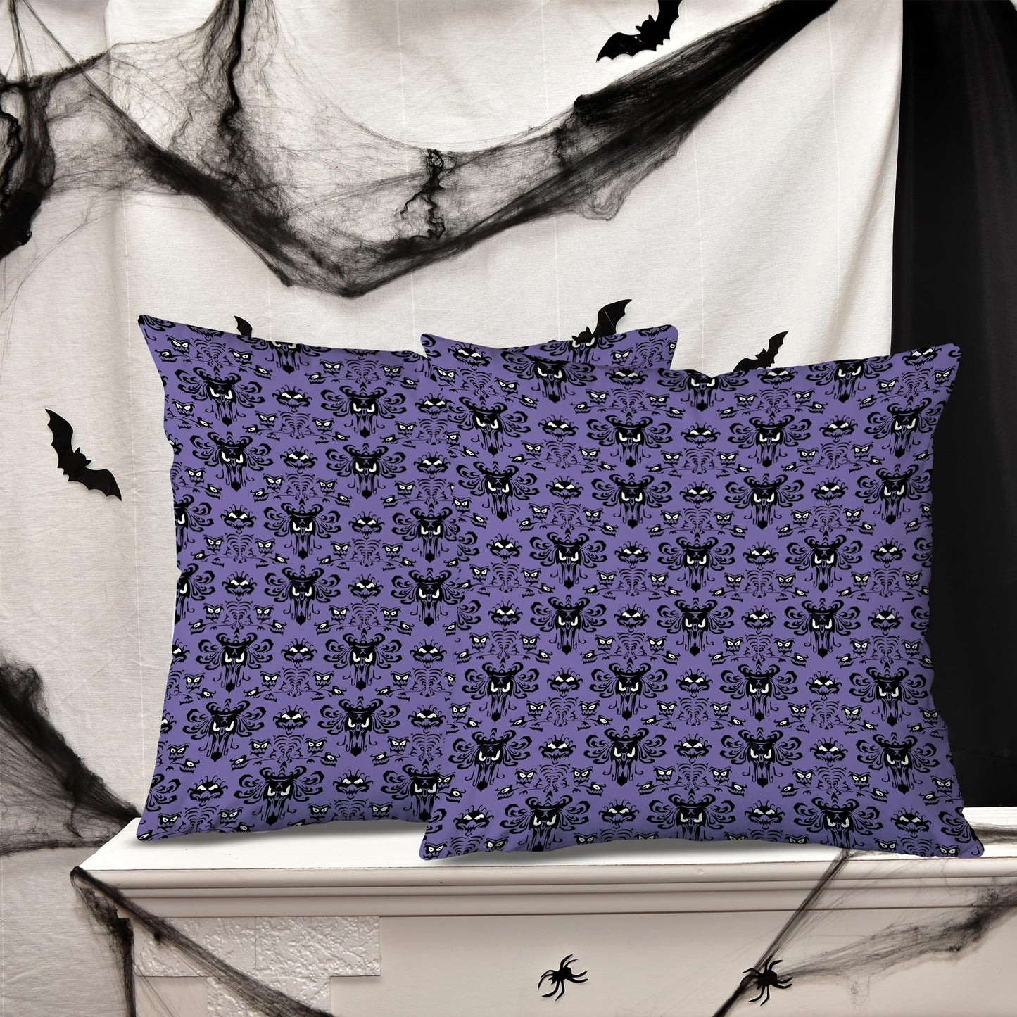 Horror Halloween Decorative Throw Pillow Cover 20x20 Inch Set of 2,Haunted Ghosts Mansion Decor Mystic Skull Spooky Grinning Farmhouse Outdoor Purple Pillowcase for Home Bed Living Room