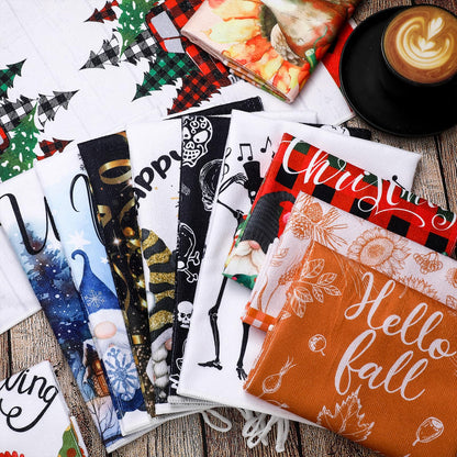 Bencailor 12 Pcs Holiday Kitchen Towels for All Seasons Winter New Year Kitchen Decor Seasonal Dish Towels for All Holidays Winter Elk Gnome Xmas Tree Maple Leaf Turkey Pattern
