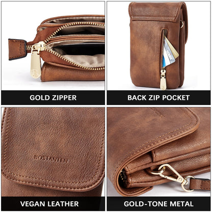 BOSTANTEN Vegan Leather Small Crossbody Bags for Women Designer Cell Phone Bag Wallet Purses Adjustable Strap Retro Brown