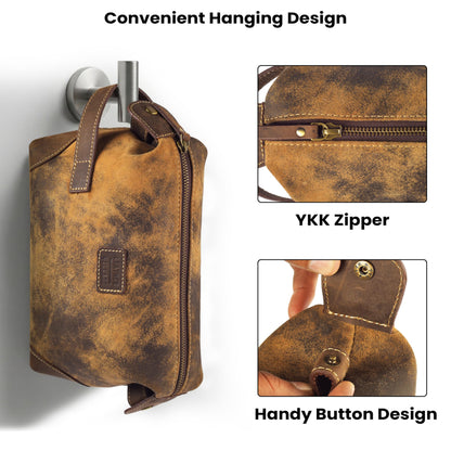 LEATHER VILLAGE Genuine Leather Dopp Kit for Men & Women with Waterproof Lining – Distressed Travel Toiletry Bag, Shaving & Bathroom Essentials Organizer - Distressed Brown