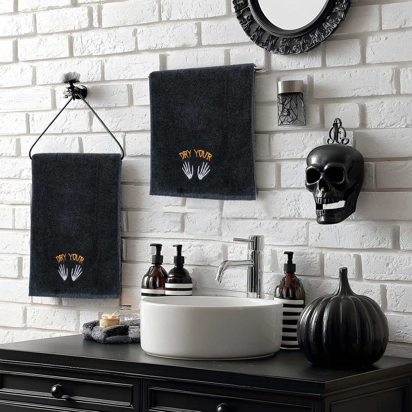 EraGleeVibe 2 Pcs Halloween Gothic Skull Skeleton Embroidered Hand Towels Black Dry Your Hands Cotton Towel for Bathroom Home Kithcen Skeleton Bathroom Towels Gift 13.4 x 29.5 Inch