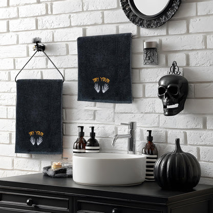 EraGleeVibe 2 Pcs Halloween Gothic Skull Skeleton Embroidered Hand Towels Black Dry Your Hands Cotton Towel for Bathroom Home Kithcen Skeleton Bathroom Towels Gift 13.4 x 29.5 Inch