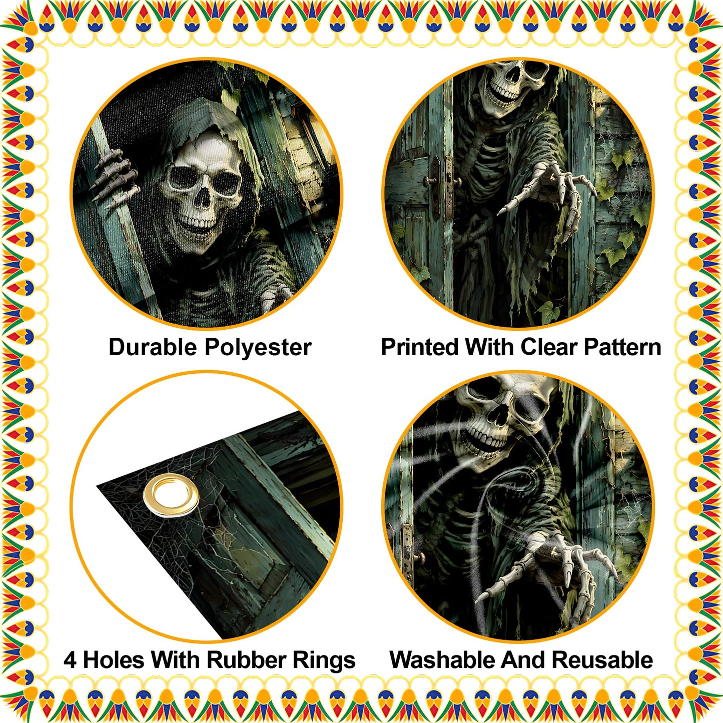 NYZE Halloween Skeleton Front Door Cover Banner, 35.4 x 70.8 Inch Pumpkin Vertical Hanging Door Backdrop, Indoor Outdoor Halloween Party Photography Decorations