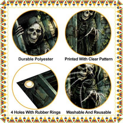NYZE Halloween Skeleton Front Door Cover Banner, 35.4 x 70.8 Inch Pumpkin Vertical Hanging Door Backdrop, Indoor Outdoor Halloween Party Photography Decorations