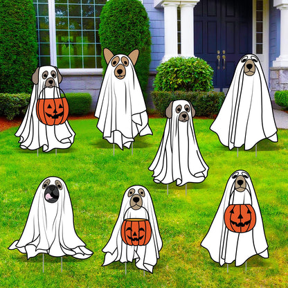 Nuanchu 7 Pcs Halloween Yard Outdoor Decorations Ghost Dog Yard Signs Corrugated Plastic Ghost Dog Pumpkin Lawn Sign with Stakes Waterproof Halloween Garden Stakes for Outside Scary Spooky Decor