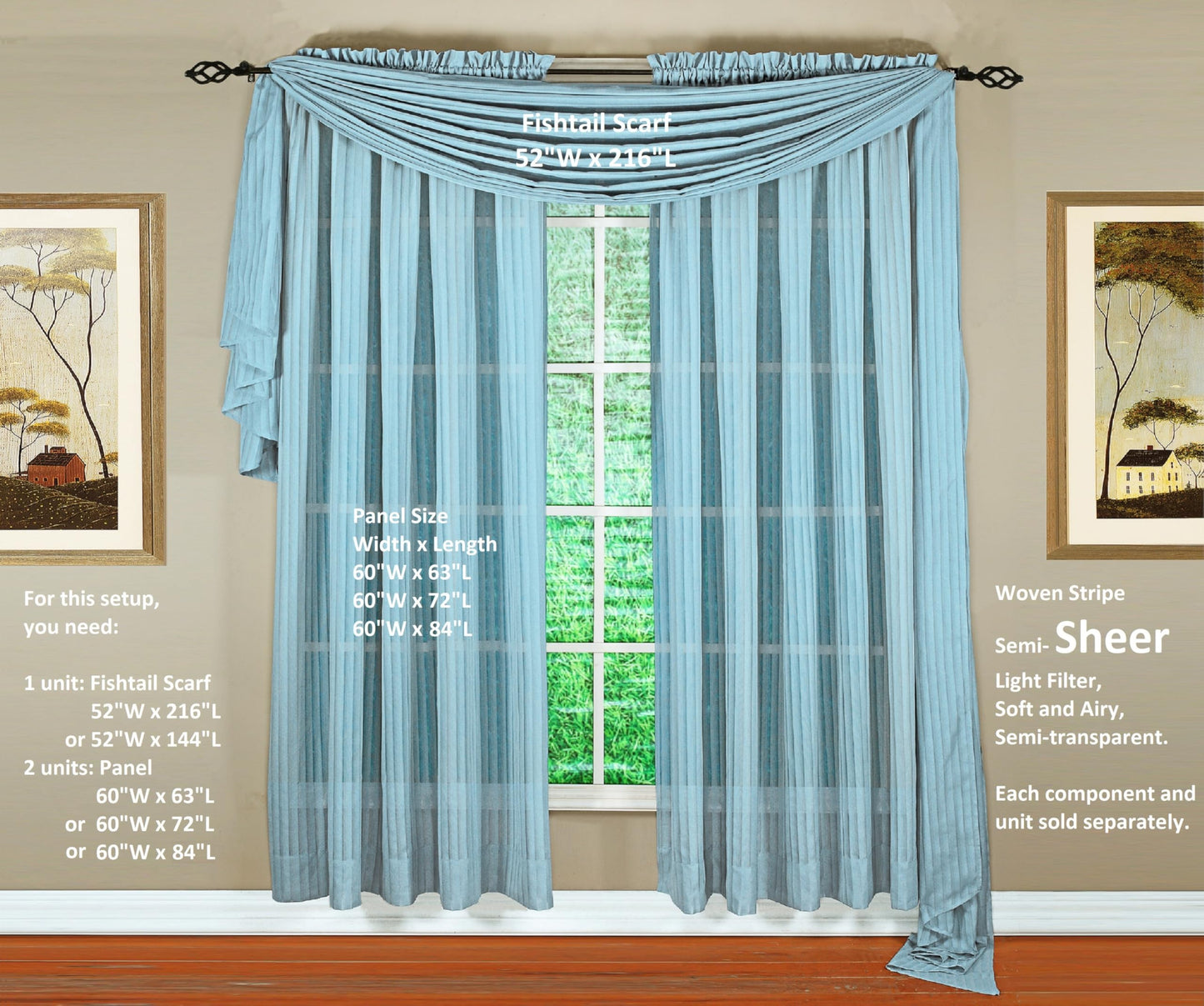 Today's Curtain, Silhouette Stripe Sheer Scarf 144", Blue, 52" W x 144" L