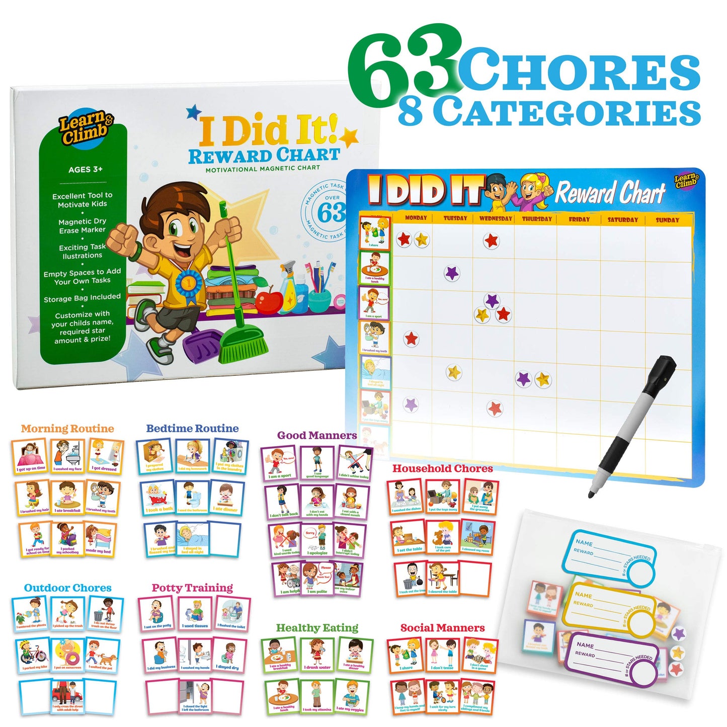 Learn & Climb Kids Responsibility Chart Magnetic Board, 63 Chores, Potty Train Tasks, Multiple Kids (Magnetic)