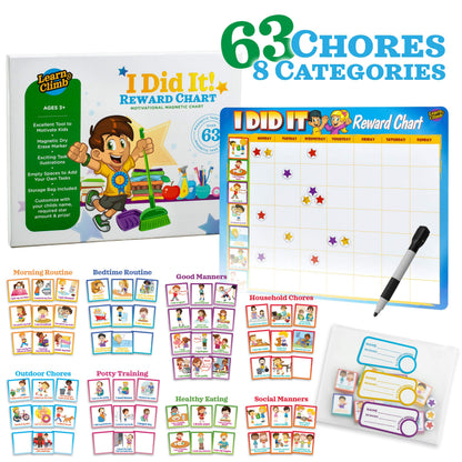 Learn & Climb Kids Responsibility Chart Magnetic Board, 63 Chores, Potty Train Tasks, Multiple Kids (Magnetic)