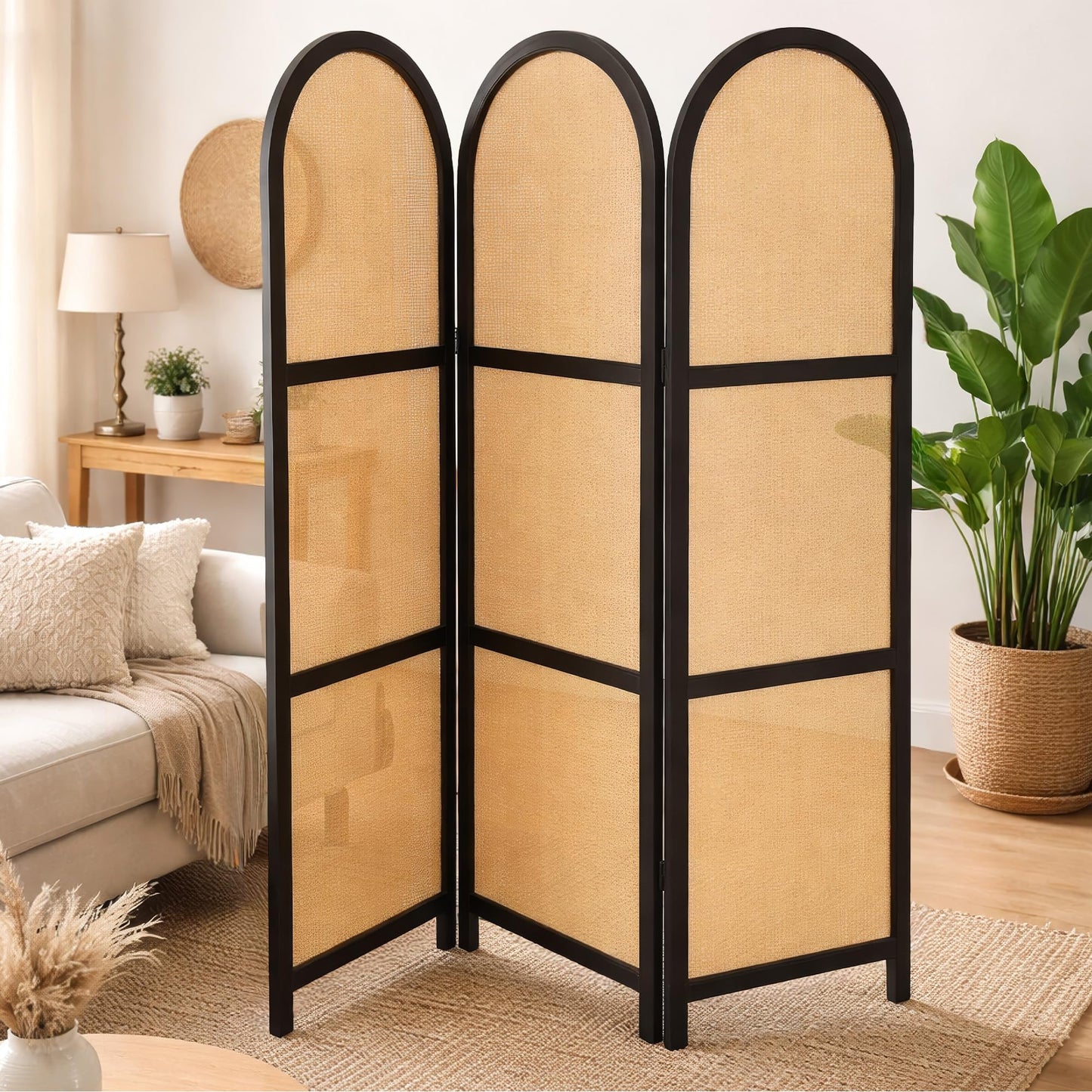 ELK & ELDER 3-Panel Room Divider | Folding Privacy Screen with Arched Dark Wood Frames and Light Woven Panels | Portable Divider for Home,Office, Living Room, Bedroom | 66" H x 56" W |Dark Wood/Beige