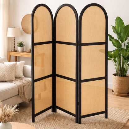 ELK & ELDER 3-Panel Room Divider | Folding Privacy Screen with Arched Dark Wood Frames and Light Woven Panels | Portable Divider for Home,Office, Living Room, Bedroom | 66" H x 56" W |Dark Wood/Beige