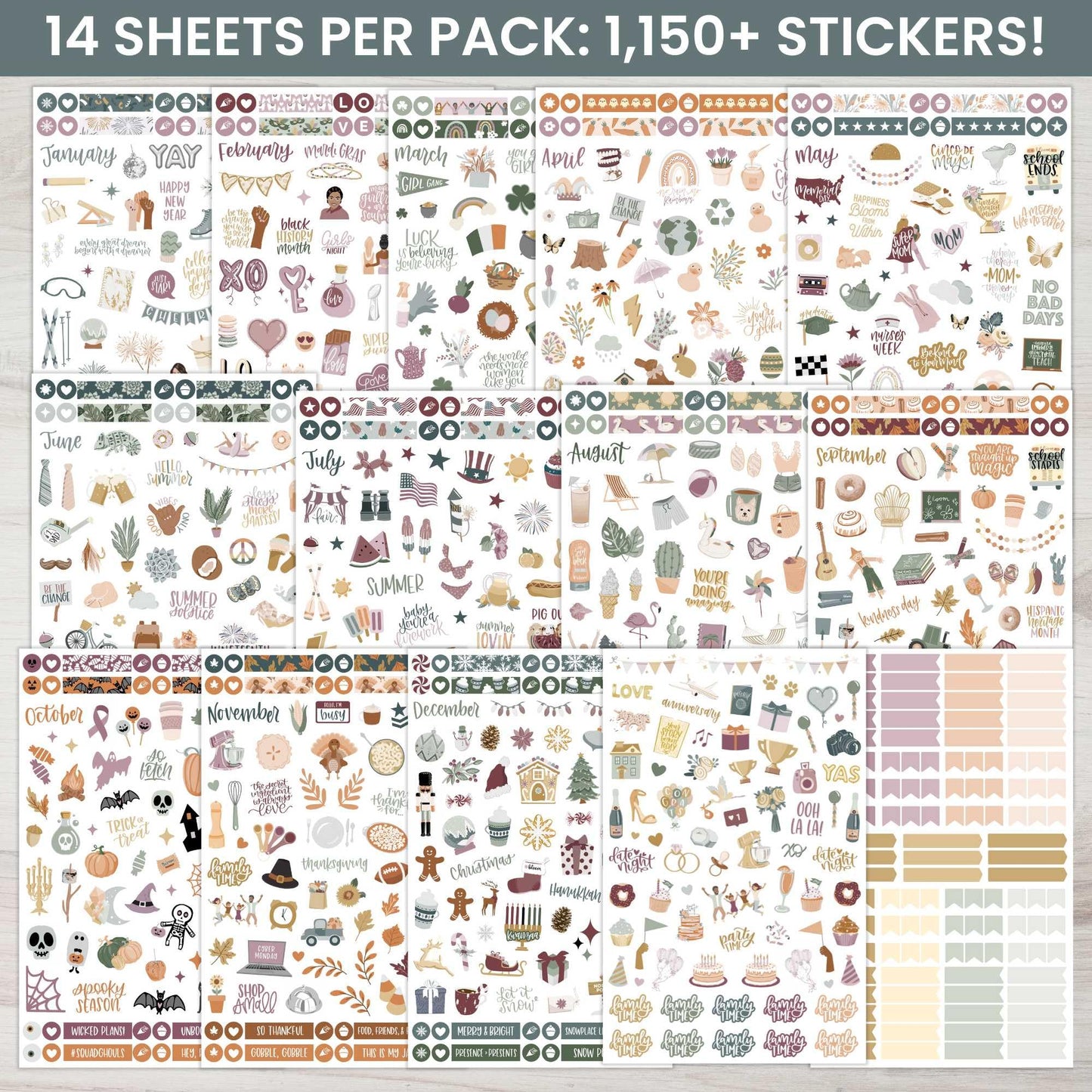 bloom daily planners Monthly Celebrations Planner Stickers for Calendar Decorating, Planning, Scrapbooking - Holiday, Seasonal, & General Events (14 Sheets, 1,150+ Stickers per Pack) - Cool Tones