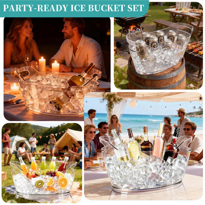 6.5L Large Ice Bucket for Parties, 2PCS Clear Acrylic Drink Buckets with Scoop & Metal Wine Bottle Opener, Champagne Bucket Tub for Wine, Beer, Cocktail Bar & Mimosa Bar Supplies Cooler