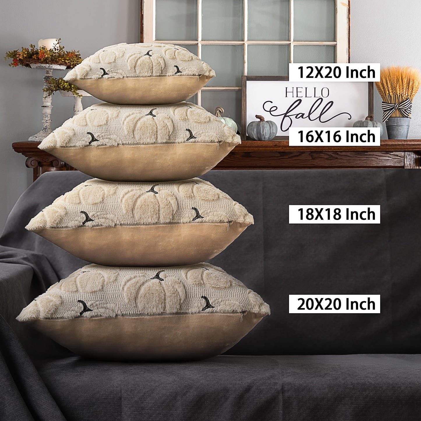 4TH Emotion Fall Pumpkins Decorative Pillow Covers 18"x18" Set of 2, Beige Soft Plush Faux Fur Throw Cushion Cases for Autumn Thanksgiving Holiday Home Decorations