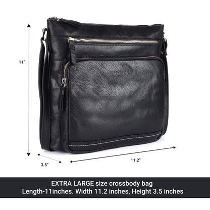 LEDERBUCK Olga Women's Extra-Large Genuine Leather Crossbody Purse – Soft Triple-Zip Shoulder Bag (Black)