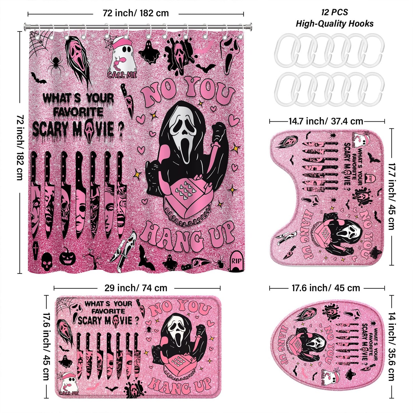 4 Pcs Pink Horror Shower Curtain Set with Rugs,Halloween Bathroom Decor