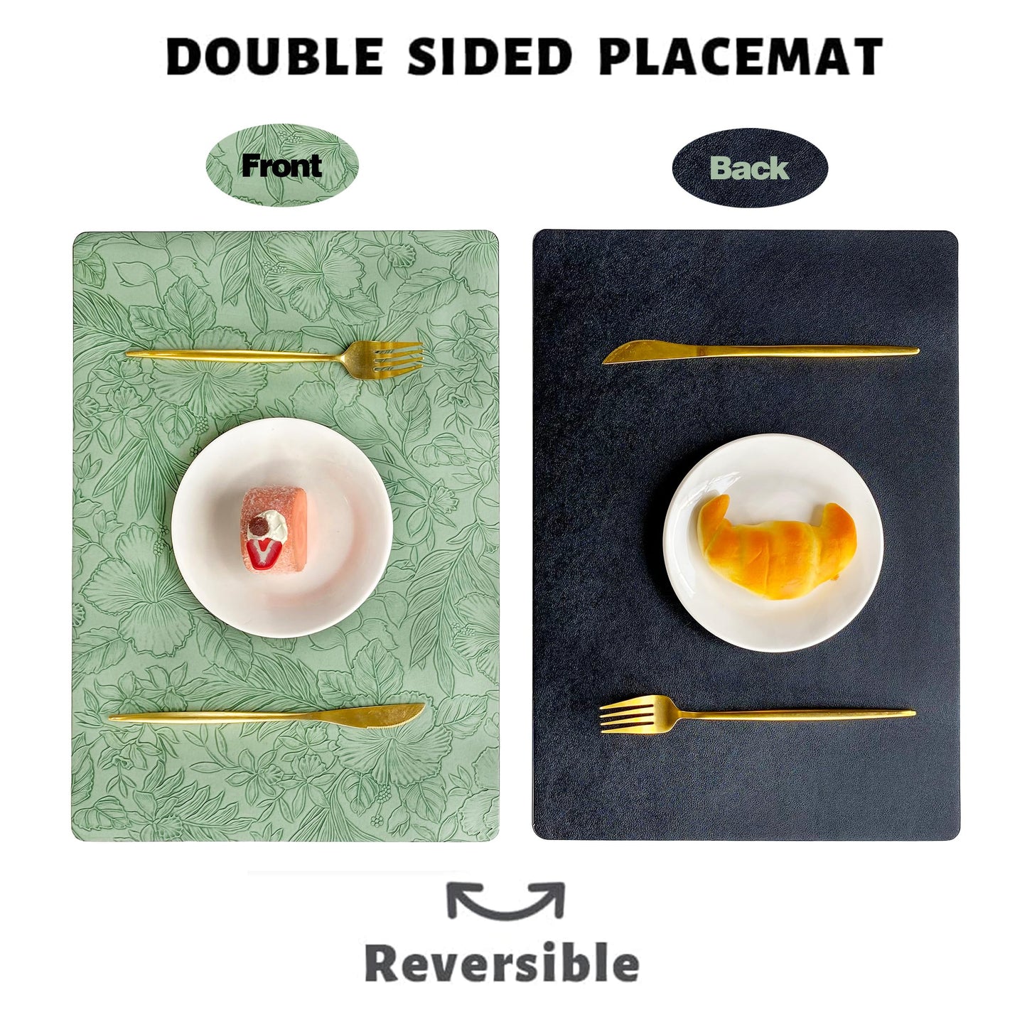 Double-Sided Reversible Placemats Set of 4, Heat Stain Non-Slip Waterproof Oil-Proof Washable Wipeable Table Mats Outdoor Indoor for Dining Patio Table Kitchen Decor (Green)