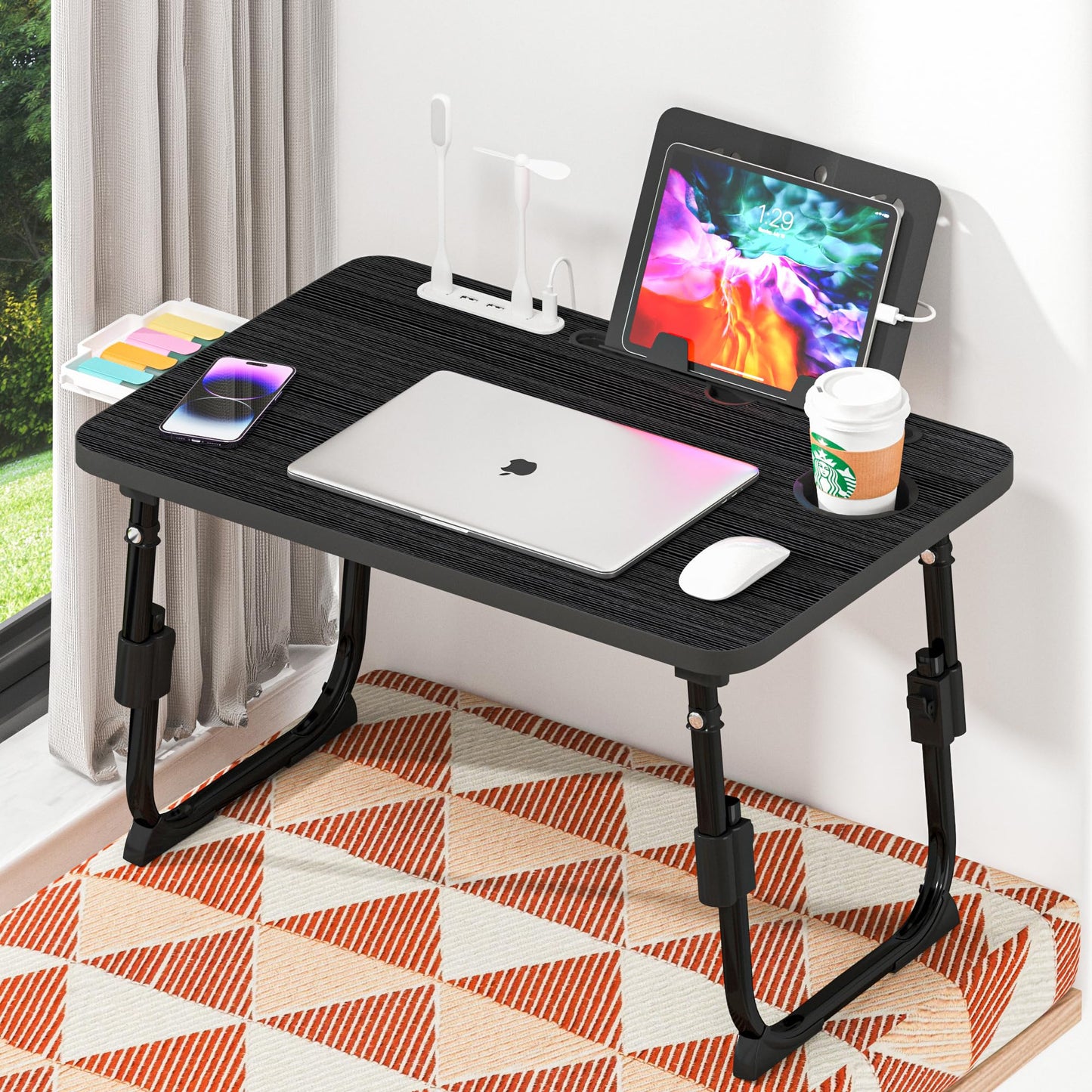 Lap Desk for Bed, Adjustable Laptop Desk with USB Charging Port, Storage Drawer & Bookshelf — Foldable Bed Desk for WFH & Students, 23.6" Desktop Fits 17" Laptop, Non-Slip, Black