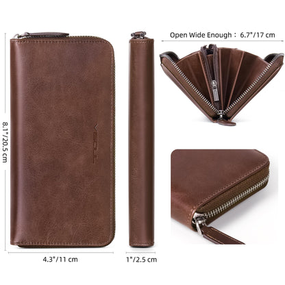 VISOUL Leather Long Zipper Pouch Wallet for Men and Women with RFID Blocking, Large Clutch Cash Long Wallet with Zipper (Brown)