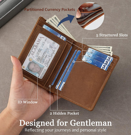 LnxLtw Bifold Vertical Wallet for Men - Slim Leather RFID Blocking Front Pocket Design with ID Window & 2 Cash Pockets | 4.5"x3.7"x0.7" Thin 7 Card Slots Wallets Organizer | Gift Box (Brown)