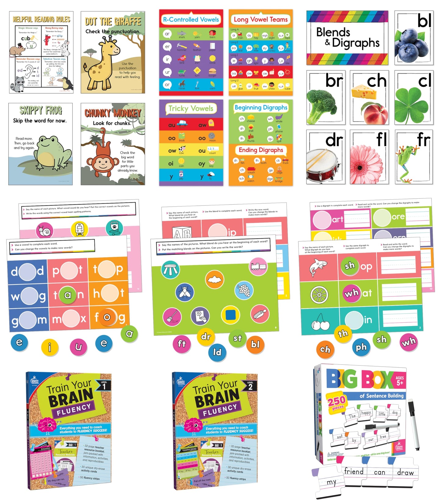 Carson Dellosa 531pc K-2 Literacy Bundle, Kindergarten, 1st Grade, 2nd Grade Phonics Posters, Bulletin Board Sets, Instructional Resources, Dry-Erase Manipulatives, Big Box of Sentence Building Game