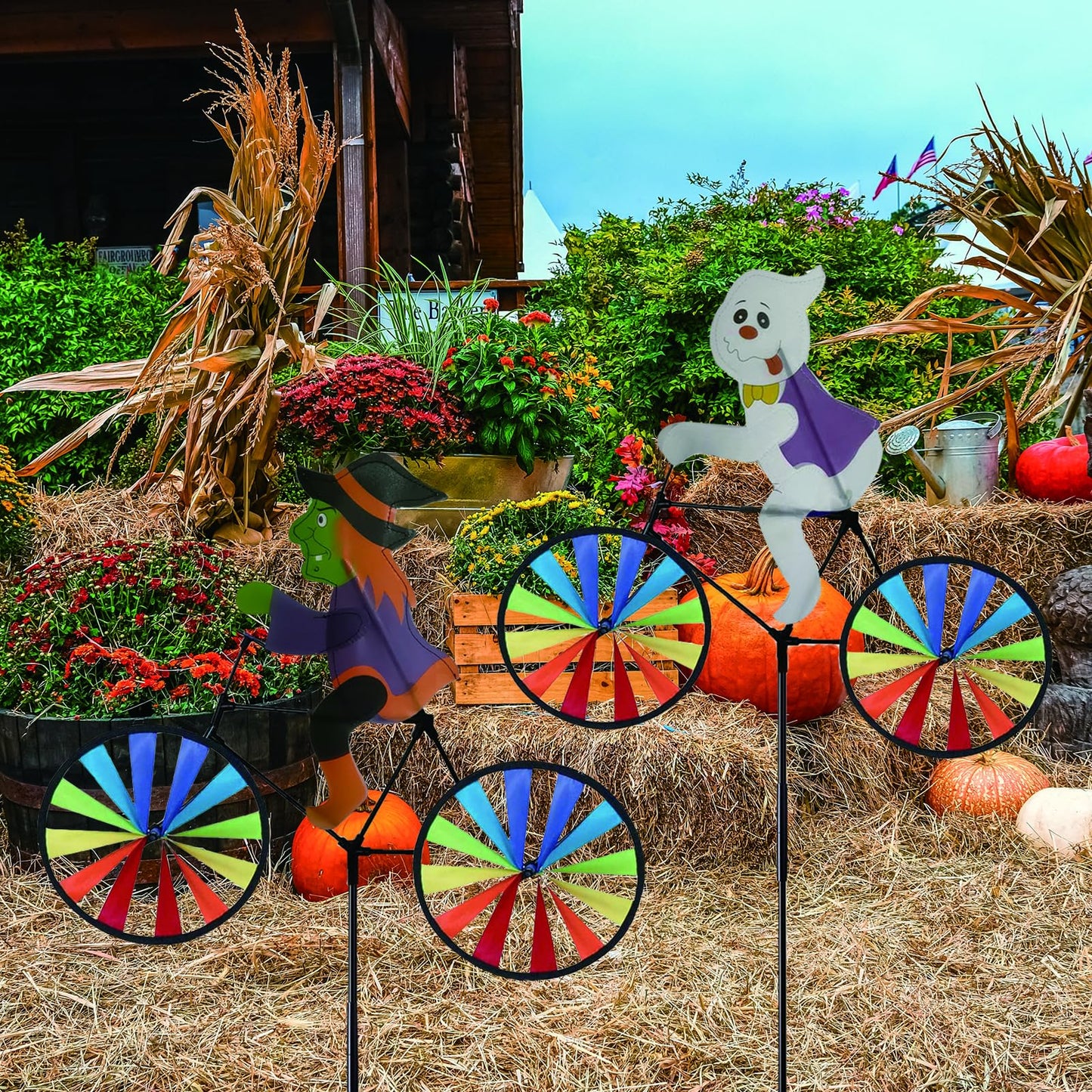 2 Pack 20 Inches Halloween Witch & Ghost Bike Spinner Decorations Pinwheels with Stakes Windmill Wind Spinners Outdoor for Yard Garden Lawn, Large Pin Wheels Halloween Accessories Gifts