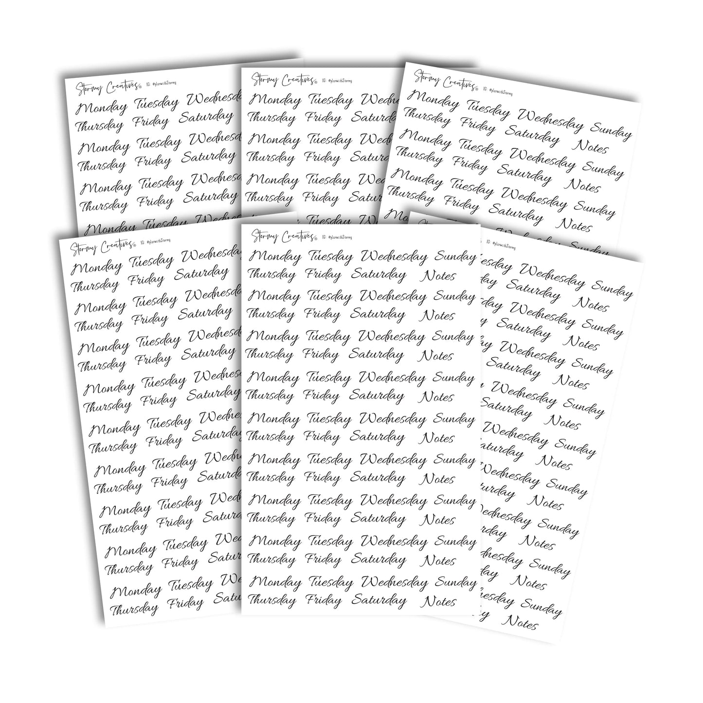 Stormy Creatives Days of the Week Planner Stickers in Black, 2 Sheets