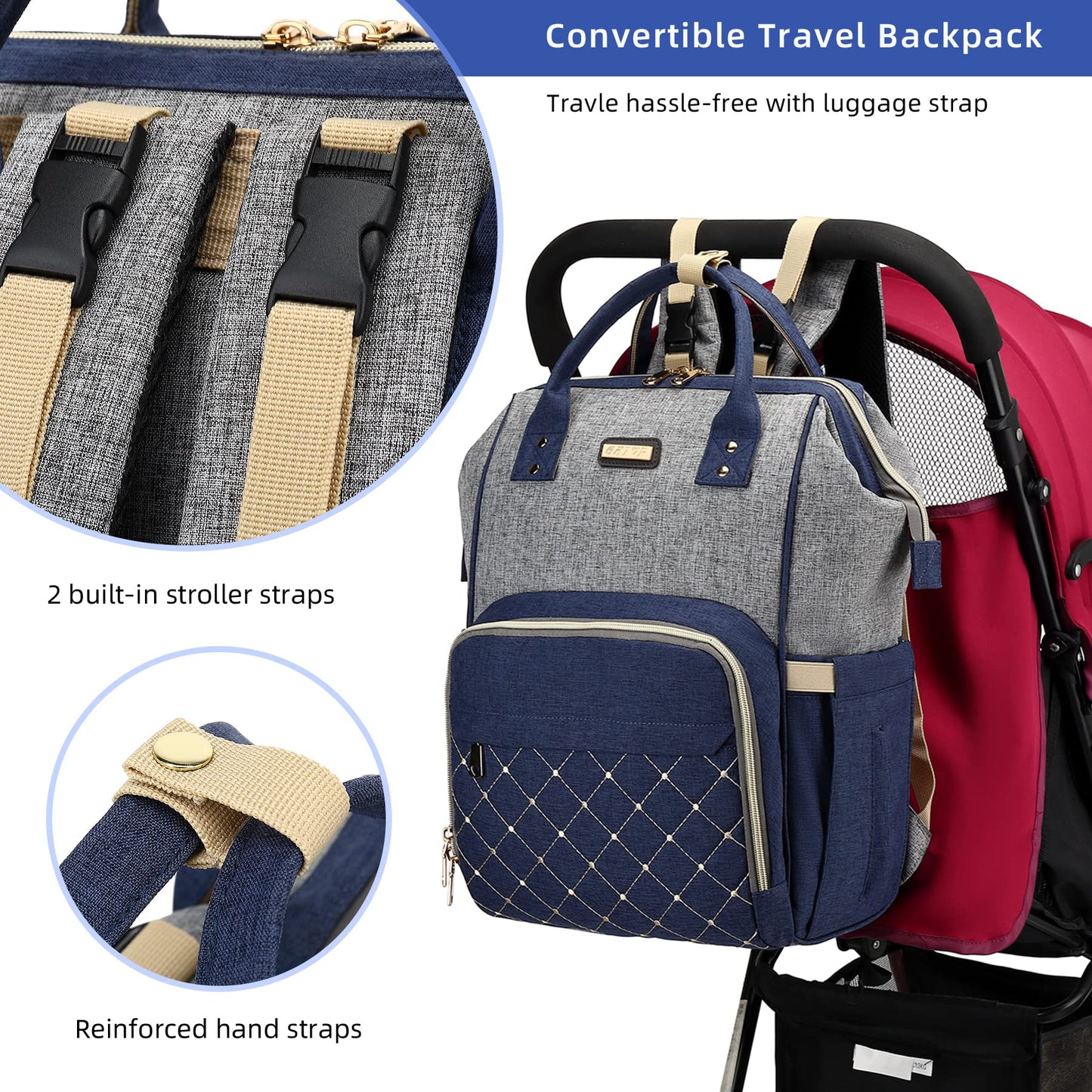 Diaper Bag Backpack, Diaper Bags for Baby Girls Boys, Baby Bags for Moms Dads, Nappy Changing Bag with Insulated Pockets,Multi-functional Waterproof Backpack with Stroller straps- Light Grey Blue