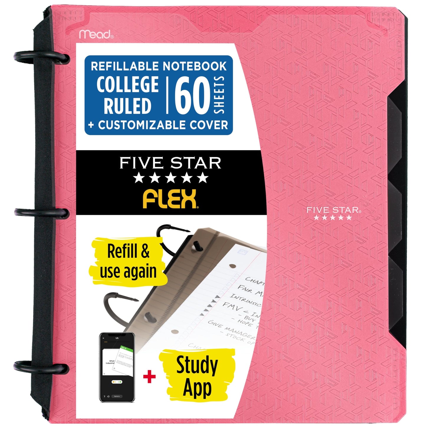 Five Star Flex Refillable Notebook + Study App 1 Inch O-Rings Binder with Pockets Tabs and Dividers, 220 Sheet Capacity, Includes 60 Sheets 8.5" x 11" College Ruled Paper, Prom Pink (293260R)