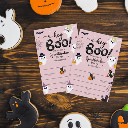 SIXEIGHT Pink Hey Boo Halloween Party Invitations, Cute Ghost Cat Halloween Invitations for Boys Girls, 25 Pack Pink Invite Cards with Envelopes, Wedding Birthday Baby Shower Party Decorations-E05