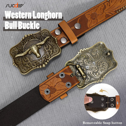 SUOSDEY Women Western Leather Belt, Cowboy Cowgirl Belt for Jeans Pants Longhorn Bull Big Buckle Belt brown