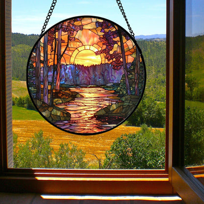 JOSUMALY Stained Glass Window Hanging, Orange Landscape Green Purple Lake Forest Suncatcher for Doors Window Home Sun Catchers Decor Mother's Day Birthday Gifts for Women Men Mom 9.8 in