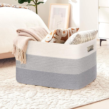 60L Laundry Basket with Leather Handles for Living Room Storage, Woven Rope Baskets Bin for Blanket, Kids Toy, Gifts, Wicker Hamper for Bedroom Dirty Clothes, Gradient Grey