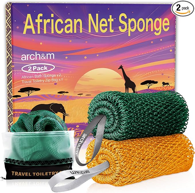 ARCH&M Authentic African Net Sponge with Knots, 2 Pack | 53" Extra-Long Back Scrubber, Quick-Dry Exfoliating Shower Mesh Loofah, Women and Men Daily Use, Gentle for Sensitive Skin