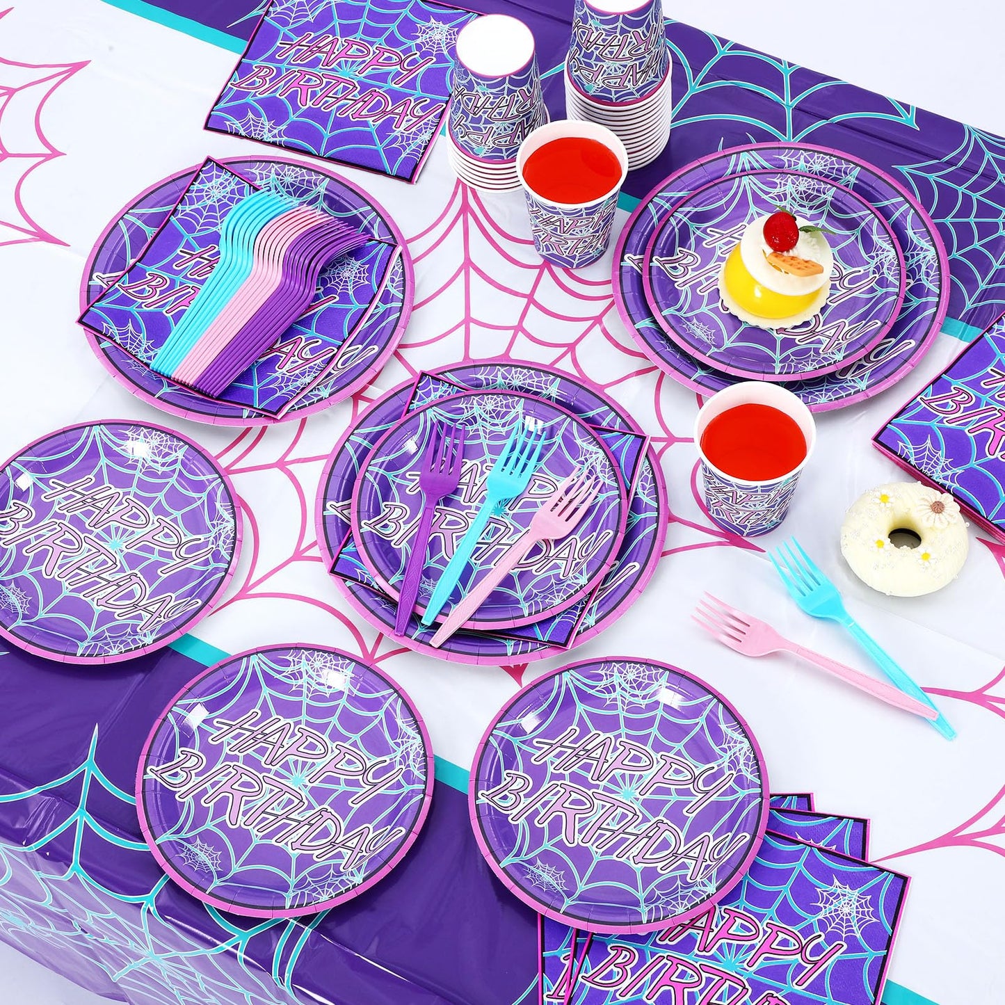 FoldTier 24 Set Spider Birthday Supplies and Decorations Spiderweb Party Plates and Napkins Spider Tablecloth and Banner for Halloween Christmas Party Favor(1 Tablecloth,Purple Happy Birthday)