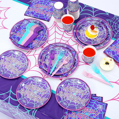 FoldTier 24 Set Spider Birthday Supplies and Decorations Spiderweb Party Plates and Napkins Spider Tablecloth and Banner for Halloween Christmas Party Favor(1 Tablecloth,Purple Happy Birthday)