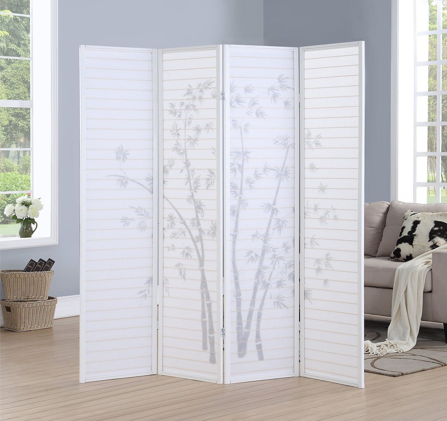 Roundhill Bamboo Print 4-Panel Framed Room Screen/Divider, white