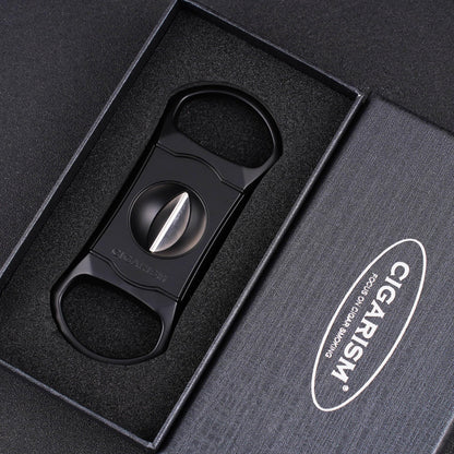 CIGARISM V-Cut Cigar Cutter Stainless Steel Blade, Up to 60+ Ring Gauge in Leather Gift Case (Black)